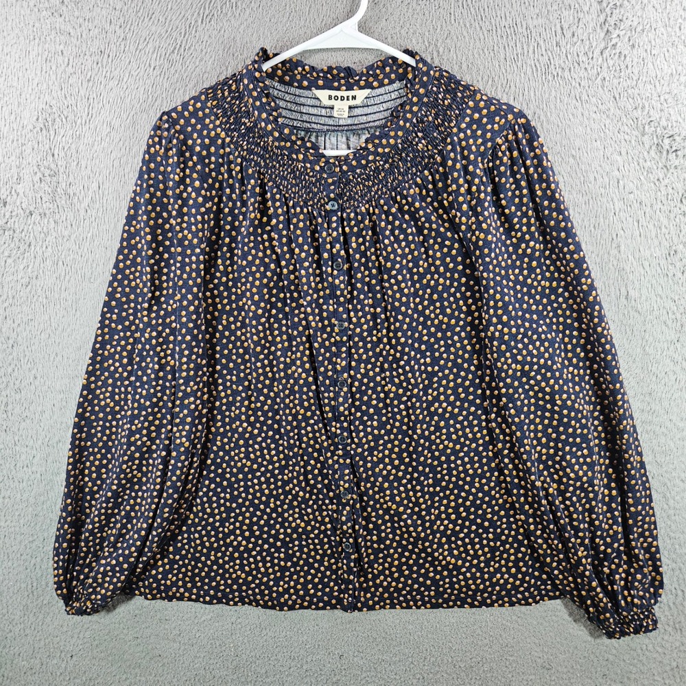 Boden Polka Dot Smocked High Neck Blouse Navy Blue Cotton Modal Plus Size 20-22